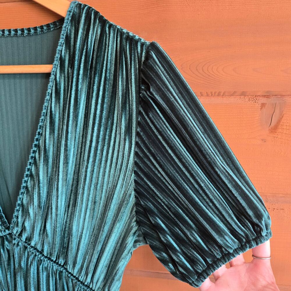 Emerald Velvet Dress Midi Bustier Milkmaid Short Sleeve Vneck M Bridesmaid Boho - Picture 4 of 6